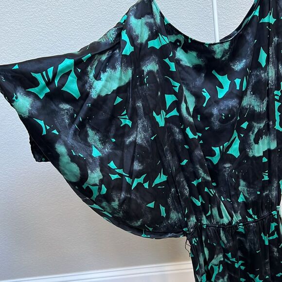 Express Size Small Mini Dress Batwing Sleeves Silk Black Teal Floral Flowy Drape - Picture 7 of 8